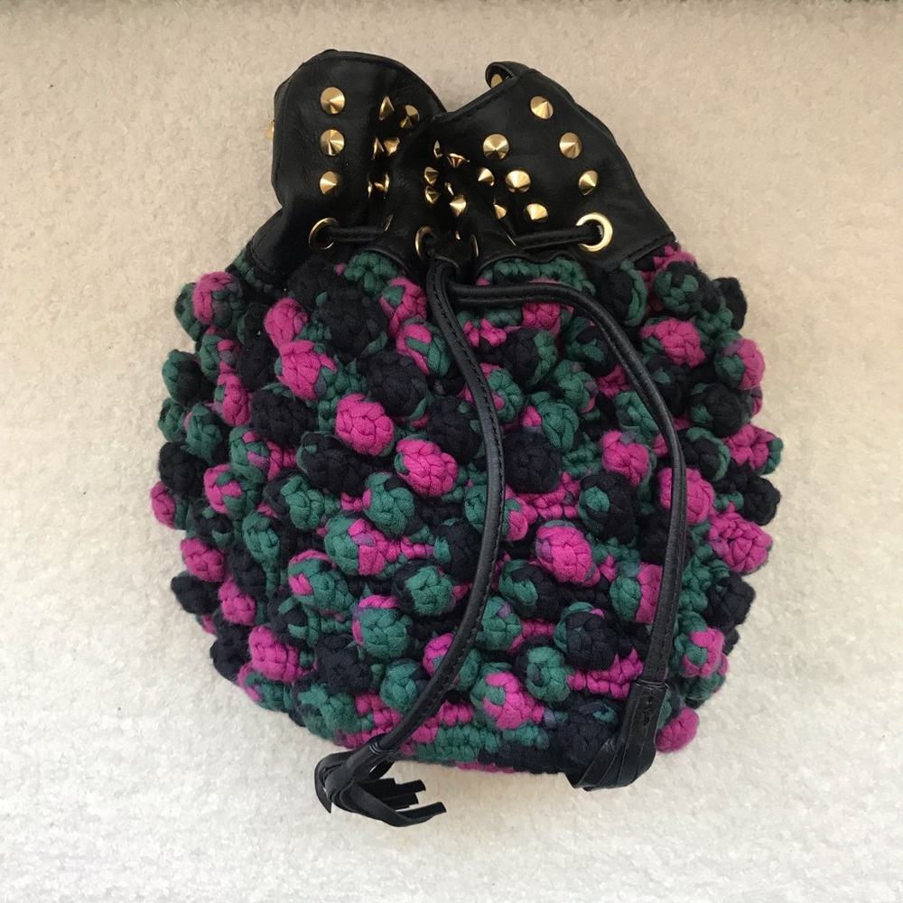 M Missoni Multi Colored Pom Pom Knit Bucket Bag